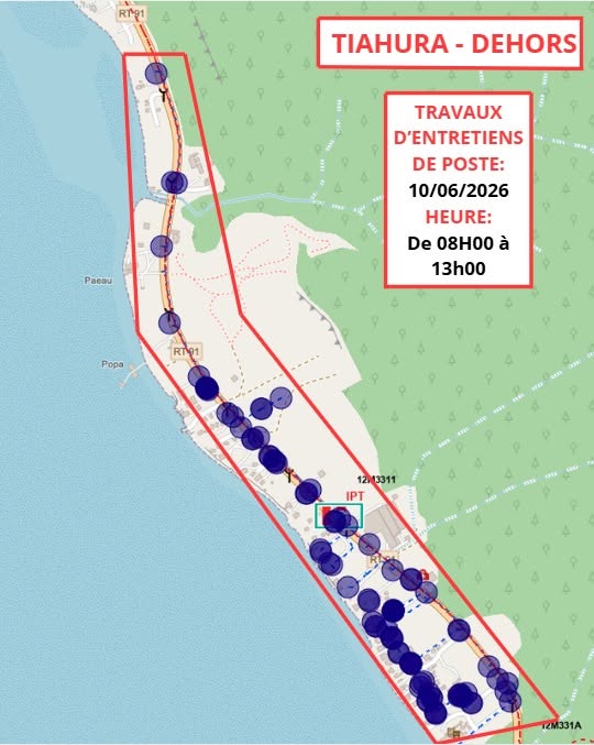 Affiche — 📢[INFO COUPURE D’ÉLECTRICITÉ – TIAHURA DEHORS 10.06.2026] Bonjour, TE ITO RAU NO MOOREA-MAIAO vous informe qu'une coupure d’électricité est programmée pour travaux d'entretien de poste demain...