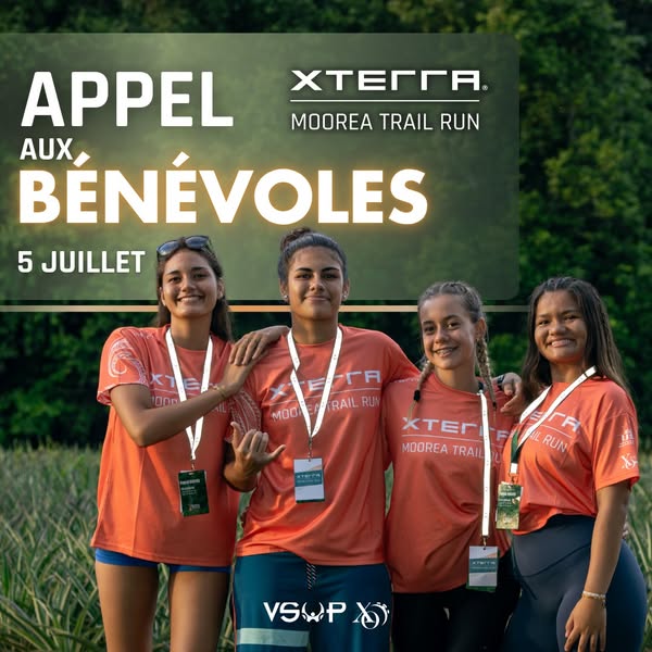Affiche — 🧡 𝐑𝐄𝐉𝐎𝐈𝐆𝐍𝐄𝐙 𝐋'𝐀𝐕𝐄𝐍𝐓𝐔𝐑𝐄 : 𝐀𝐏𝐏𝐄𝐋 𝐀𝐔𝐗 𝐁𝐄́𝐍𝐄́𝐕𝐎𝐋𝐄𝐒 ! Le 5 juillet, le XTERRA Moorea Trail Run a besoin de vous ! ⛰️🍍 Une grande course ne serait rien sans une équipe d