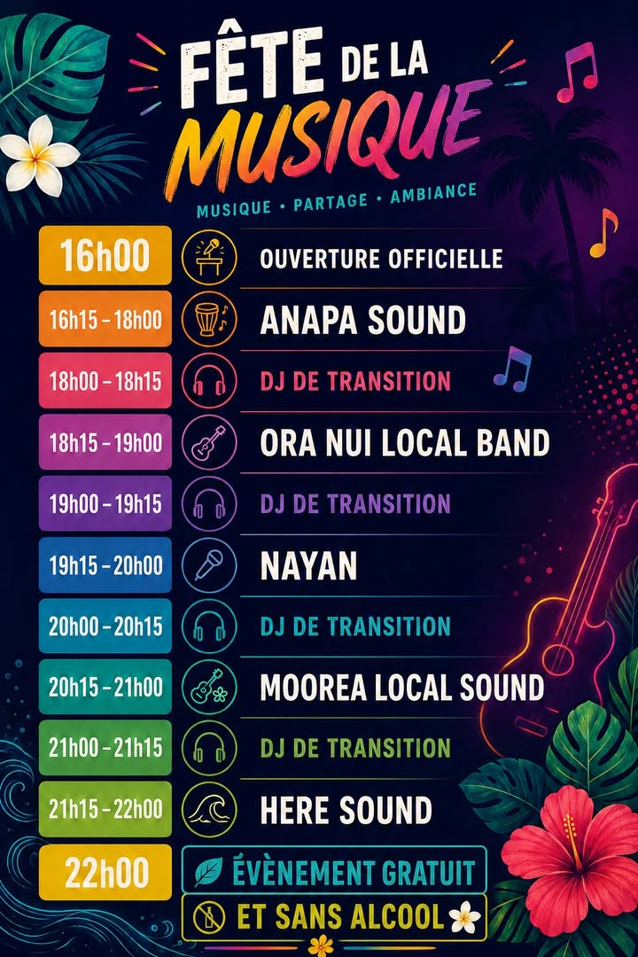 Affiche — 🎶 FÊTE DE LA MUSIQUE 2026 À MOOREA-MAIAO 🎶