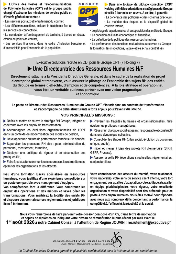 Affiche — Le groupe OPT recherche un(e) Directeur(rice) des Resssources humaines.