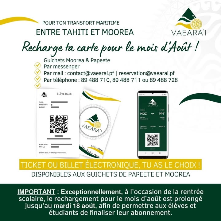 Affiche — RENOUVELLEMENT | Carte de transport scolaire – Transport maritime Tahiti-Moorea 📚