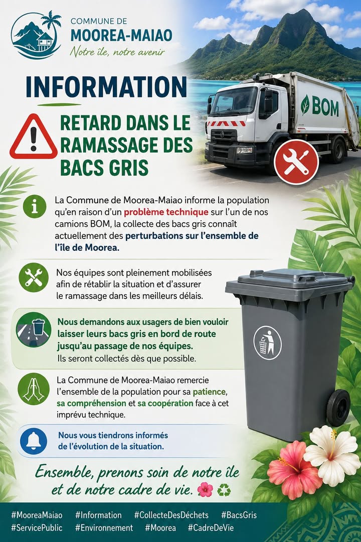 Affiche — 🚛 INFORMATION – RETARD DANS LE RAMASSAGE DES BACS GRIS