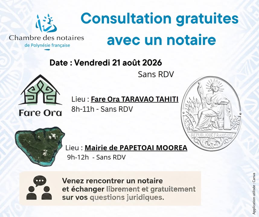 Affiche — #AccèsauDroit Consultations gratuites avec un #notaire sans RDV 👉Vendredi 21 août 2026 Commune de Moorea-Maiao Mairie…