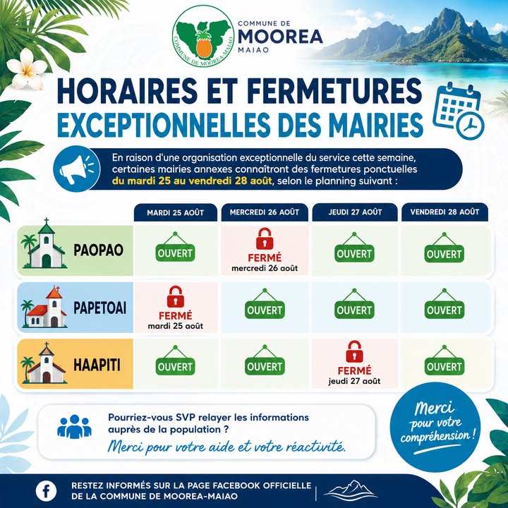 Affiche — 📢 INFORMATION À LA POPULATION | HORAIRES ET FERMETURES EXCEPTIONNELLES DES MAIRIES ANNEXES