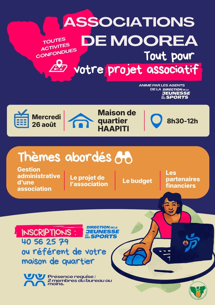 Affiche — 📢 Associations de Haapiti, préparez-vous : la DJS vous attend mercredi 26 août 🌸