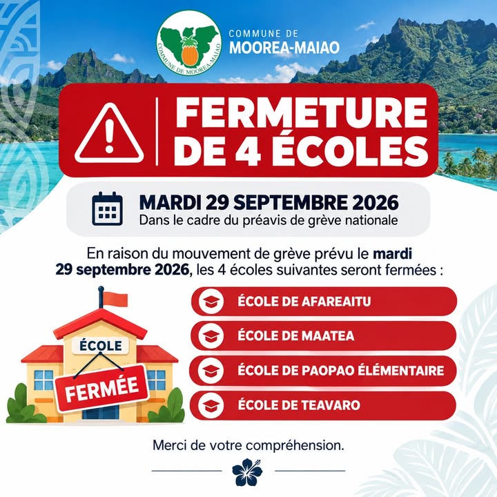 Affiche — ⚠️ INFORMATION – FERMETURE DE 4 ÉCOLES
