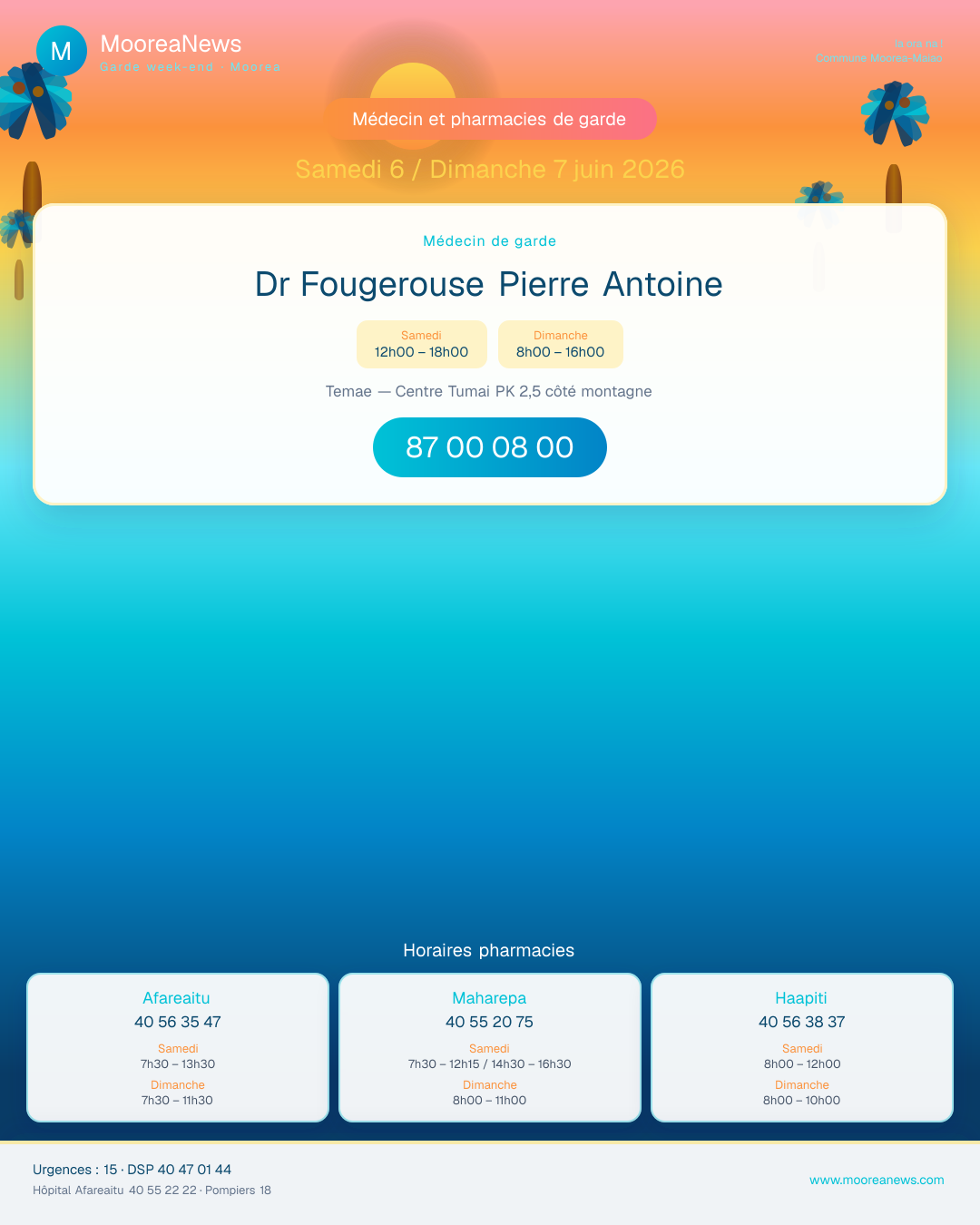 Affiche — Garde week-end Moorea — Samedi 6 / Dimanche 7 juin 2026