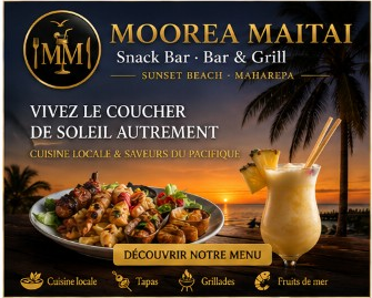 Moorea Maitai Snack Bar — Sunset Beach Maharepa, cuisine locale, tapas, grillades, fruits de mer. 7/7 11h-21h